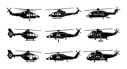 Helicopter Icons Set, Aviation Vector Graphics, Military and Civilian Aircraft Silhouettes © Touhid