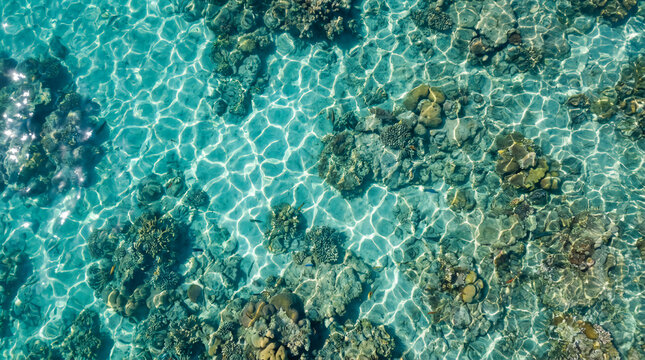 Clear turquoise water reveals vibrant coral formations beneath the surface, reflecting sunlight in a tropical marine environment.