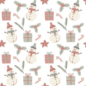 christmas seamless pattern with presents and snowman on white background