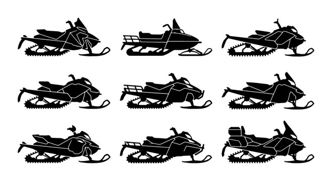 Snowmobile Icons Set, Winter Sport Vehicle Silhouettes, Outdoor Adventure Graphics