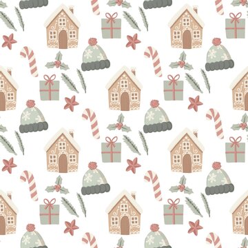 christmas decorations seamless pattern gingerbread beanie present and candy cane on white background 
