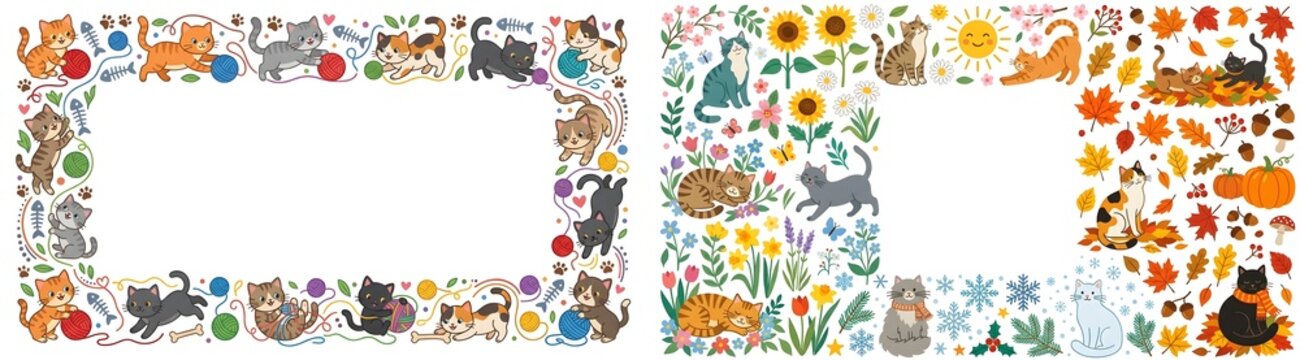 Cute cat frames and seasonal borders set, colorful kitten illustrations with flowers and autumn leaves, playful feline stationery templates
