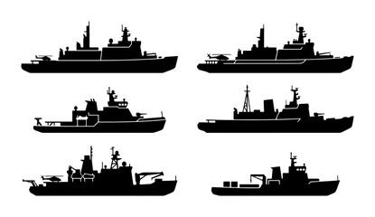 Fototapeta premium Naval Warships Collection, Military Vessels Set, Modern Battleships Silhouettes, Maritime Fleet Icons