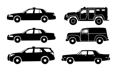 Police Cars Collection, Law Enforcement Vehicles Set, Security Transport Icons, Black Vector Silhouettes © Tariqul
