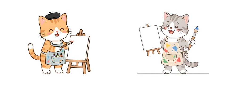Kawaii artist cat illustrations, cute ginger and grey kittens painting on canvas, adorable feline painters with brushes and easels