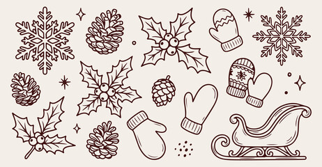 hand drawn christmas mittens seamless pattern, vintage holly berry vector illustration, brown pinecone mitten line art background, winter holiday sketch fabric print design, christmas accessories wall © Geetaroy