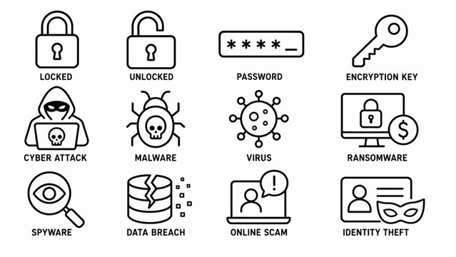 Cybersecurity threat symbols and icons collection.