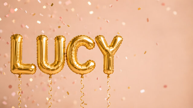 Golden Letter Lucy Balloons with Confetti on Peach Background