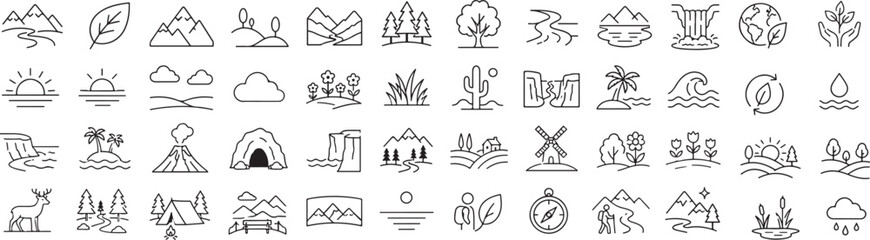 Fototapeta premium Landscape Nature Vector Outline Icons Set – Mountain, Forest, River, Camping and Outdoor Adventure Line Symbols Collection