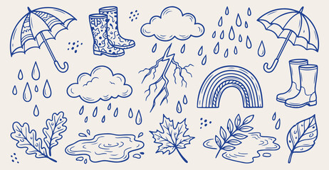 Obraz premium blue autumn storm seamless pattern, lightning rain cloud background, autumn leaves weather texture, rain boots puddle vector, blue stormy autumn wallpaper, autumn weather sketch pattern, autumn rain b