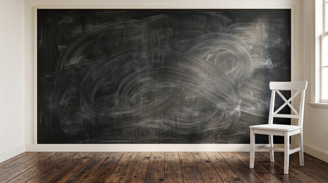 Clean back to school classroom interior with empty chalkboard, wooden flooring and chair, creating versatile education background for school announcements, classroom lessons, academic postersmarketing