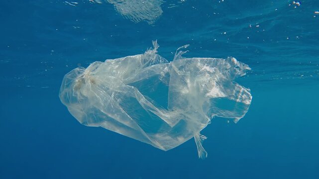 Ripped translucent plastic bag swimming beneath the waves in turquoise water, shimmering in the bright glare of the midday sun, plastic pollution of ocean