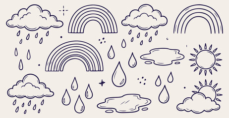 Fototapeta premium boho rainbow seamless pattern, rain drop cloud background, hand drawn rainbow texture, sky weather line art vector, cute rainbow cloud wallpaper, doodle rainbow sketch pattern, nursery sky background,