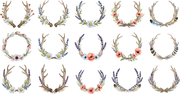 Boho style deer antler wreaths with wildflowers and feathers collection for rustic wedding invitations and decorative design