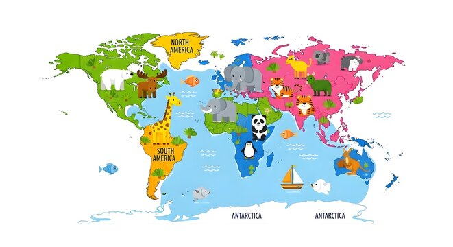 Colorful illustrated world map with animals plants landmarks and transportation visual for educational and travel themes