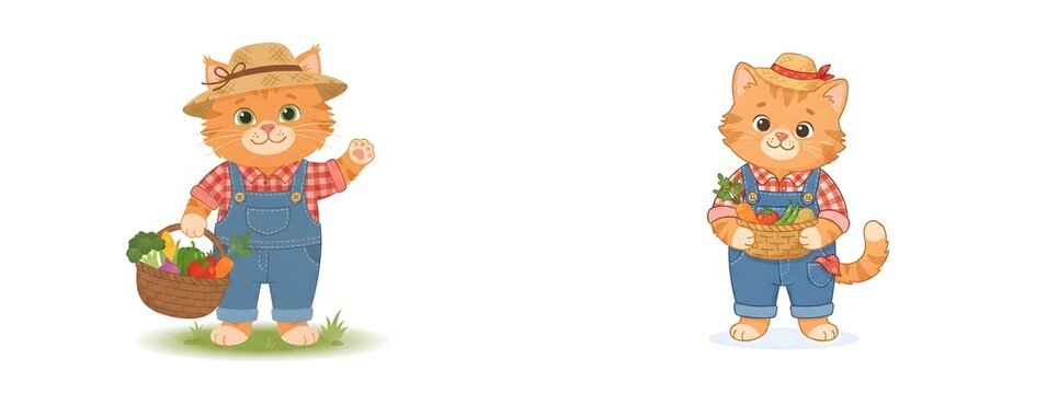 Cottagecore ginger cat farmer illustration, cute kitten wearing overalls and straw hat, ginger cat holding vegetable basket, whimsical farm animal art