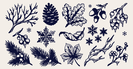 hand drawn christmas foliage seamless pattern, vintage pinecone snowflake vector background, dark blue winter leaf line art, autumn forest botanical fabric print, pine acorn line art repeat pattern, d © Geetaroy
