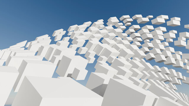 Abstract 3D render of white floating cubes forming a dynamic geometric structure against a blue sky
