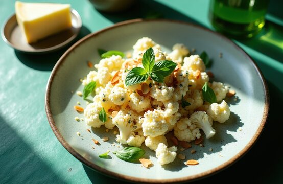 Healthy cauliflower salad with cheese and almonds on plate. Fresh basil garnish on vegetable dish with cheese wedge. Delicious vegetarian lunch for diet.