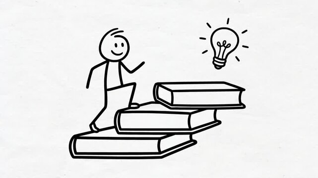 Hand drawing stick figure climbing book steps to lightbulb video
