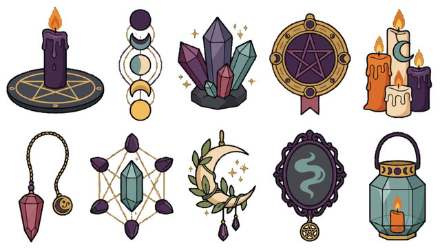 A collection of halloween mystical objects including crystals, candles, and magical symbols on transparent background isolated on transparent background