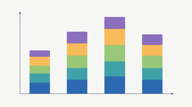 Quarterly profit margin stacked column chart vector with colorful segmented bars, simple axis arrows and clean business financial comparison infographic for reports, presentations on white background
