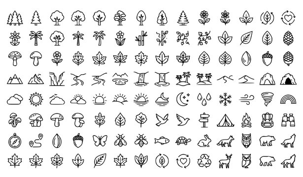 Nature Landscape and Wildlife Outdoor Camping Line Icon Set Featuring Tree Flower Mountain Weather and Wild Animal Outlines for Graphic Design Layouts