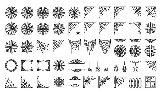 Halloween Spider Web Line Icon Set with Creepy Cobweb Corner Borders Hanging Spiders Window and Spooky Decorative Frames for Festive Graphic Layouts