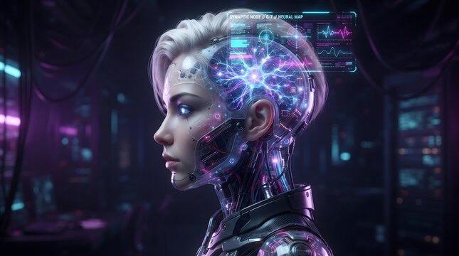 Futuristic Female Cyborg With Neural Interface and Artificial Intelligence Visualization in Tech Lab