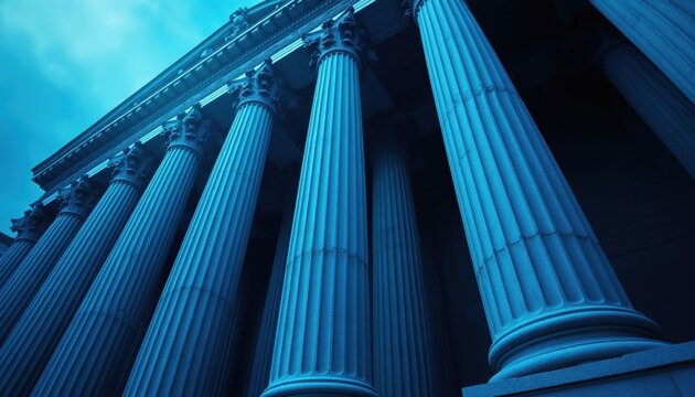 Low angle view of large stone pillars against deep blue sky background. Architecture structure represents strength stability authority, modern finance. Classic columns symbolize law justice corporate