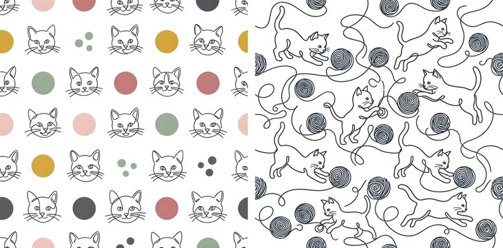 Minimalist cat seamless pattern collection, hand drawn kitten line art with polka dots and yarn balls, playful feline textile design for nursery decor