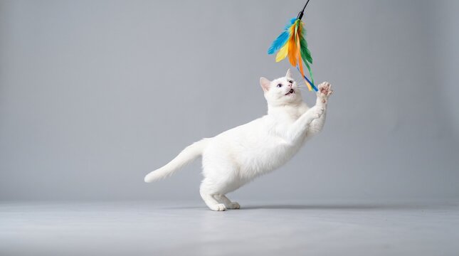 Active White Cat Leaping to Catch Feather Wand