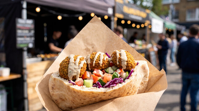 Street food middle eastern falafel pita wrap in craft paper