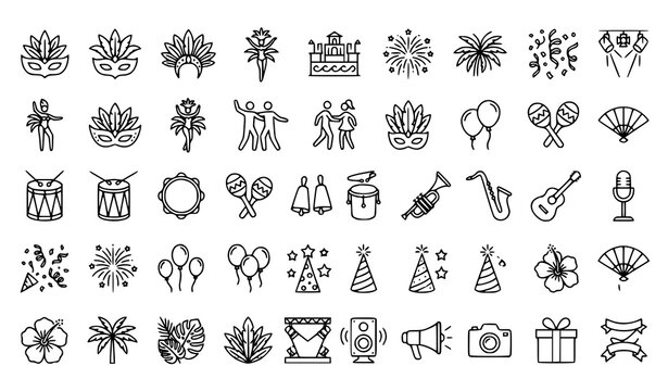 Mardi Gras and Rio Carnival Party Line Icon Set Featuring Festive Masquerade Masks Samba Dancers Musical Instruments and Birthday Celebration Outline Symbols