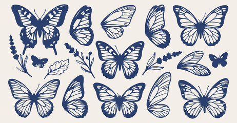 hand drawn butterfly pattern seamless design, vintage blue butterfly wings vector illustration, insect wings line art background, butterfly sketch fabric print design, butterfly pattern wallpaper desi © Geetaroy