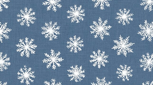 Delicate white snowflake pattern on a textured blue denim background, perfect for winter holidays and cozy seasonal designs
