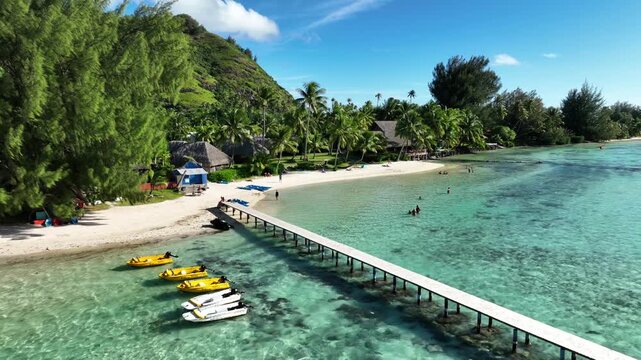 Turquoise lagoon surrounds white sand beach at Tiahura, Moorea, French Polynesia, small yellow boats moor beside wooden pier near thatched bungalows plus tall palm trees. Aerial drone backwards shot