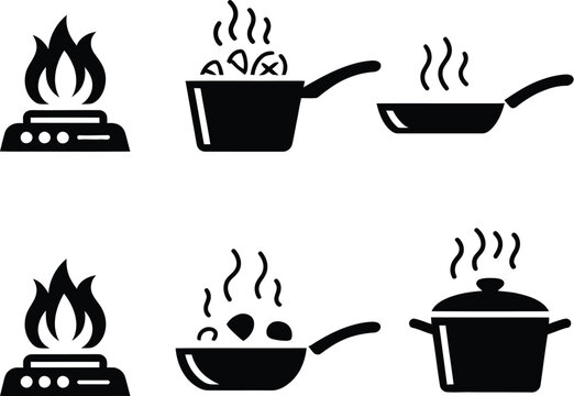 Cooking Pot icon set, pots and pans on gas stoves with steam, kitchen cookware symbols, black vector illustration