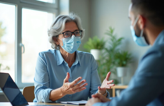 Mature woman manager wears protective face mask talks with young intern during job interview in office. Senior mentor explains business task to male student employee. People discuss work project