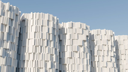 Obraz premium 3D white parametric cylinder structures under a blue sky. Perfect for modern architecture websites, real estate banners, and corporate presentation backdrops