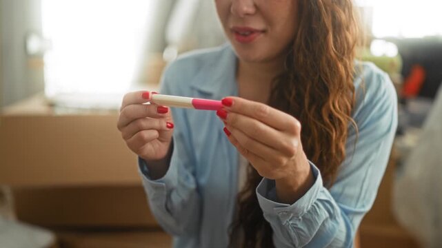 Woman holding a pregnancy test with hands and red nails, smiling among moving boxes in a building living room; hopeful anticipation.