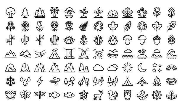 Nature Landscape and Wildlife Outdoor Camping Line Icon Set Featuring Tree Flower Mountain Weather and Wild Animal Outlines for Graphic Design Layouts