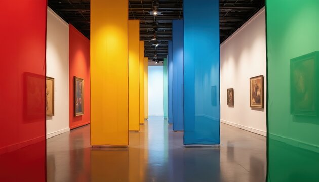 Tall translucent colored fabric banners hang from gallery ceiling. Modern art museum hall displays rainbow spectrum panels in vertical rows. Framed paintings adorn white walls beside hanging textile