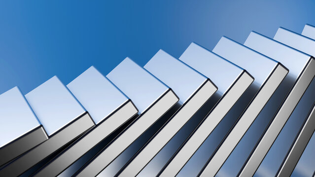 3D render of diagonal metallic silver plates on a blue background. Ideal for technology product banners, modern industrial presentations, and futuristic business backdrops