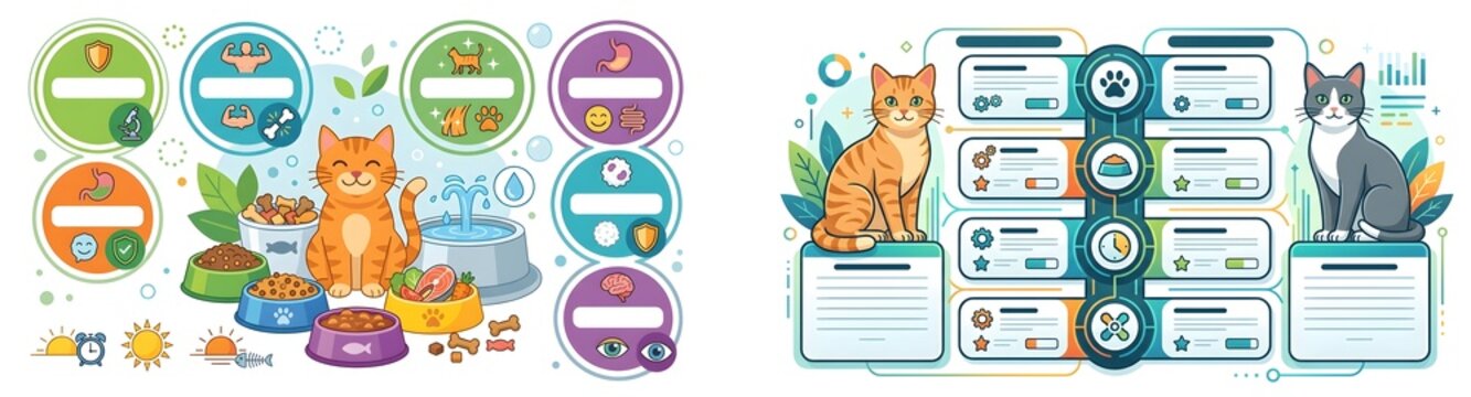 Cat care infographic template set, feline health and nutrition tracking charts, pet wellness schedule with cute ginger and tuxedo cats, veterinary data visualization
