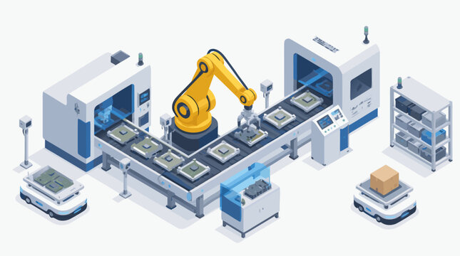 Isometric smart factory vector showing a yellow robotic arm assembling microchips on automated conveyor line with sensors, machines, AGV carts and clean digital production workflow