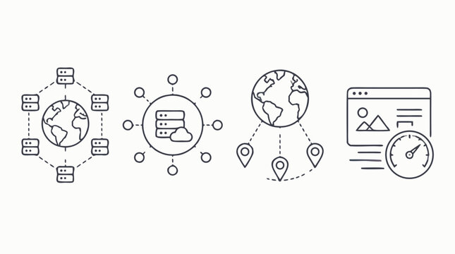Content delivery network editable stroke icon set showing edge servers, cache nodes, global routing pins and fast web loading dashboard, vector outlines for CDN infrastructure and performance apps