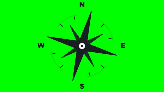 Black compass rose vector icon with cardinal directions North South East West on a green screen chroma key background for navigation concept