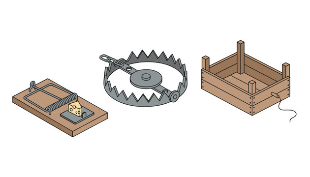 Set of three different types of traps, including a traditional mousetrap, a bear trap, and a wooden box cage trap, in an isometric view.