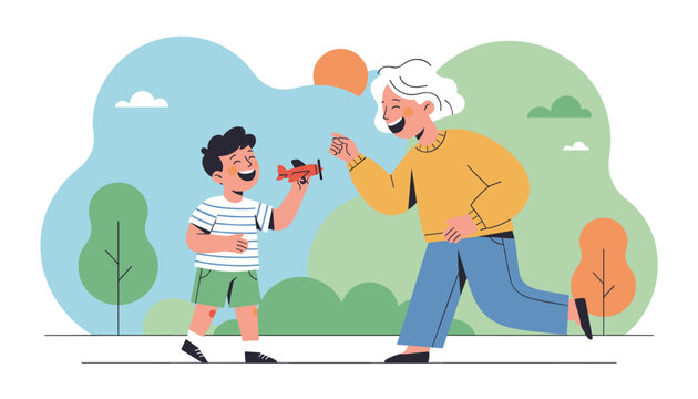 Grandmother playing with her young grandson who is holding a toy airplane in a serene park, capturing a sweet intergenerational moment.